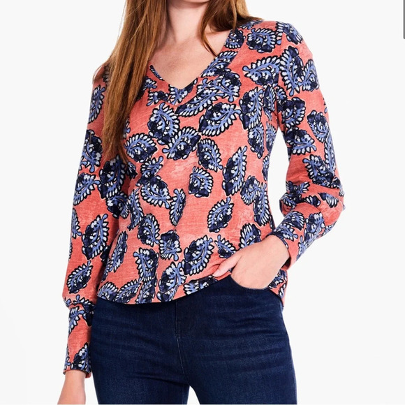 NIC+ZOE Tops - Nic + Zoe Women's Amber Blued Floral V-Neck Blouse Casual Long Sleeve Top Size M